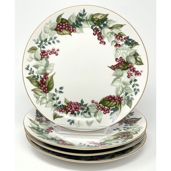 Restoration Hardware FESTIVE BERRY 8" Salad Plates Holiday Gold Rim Set Of 4 - Picture 1 of 4